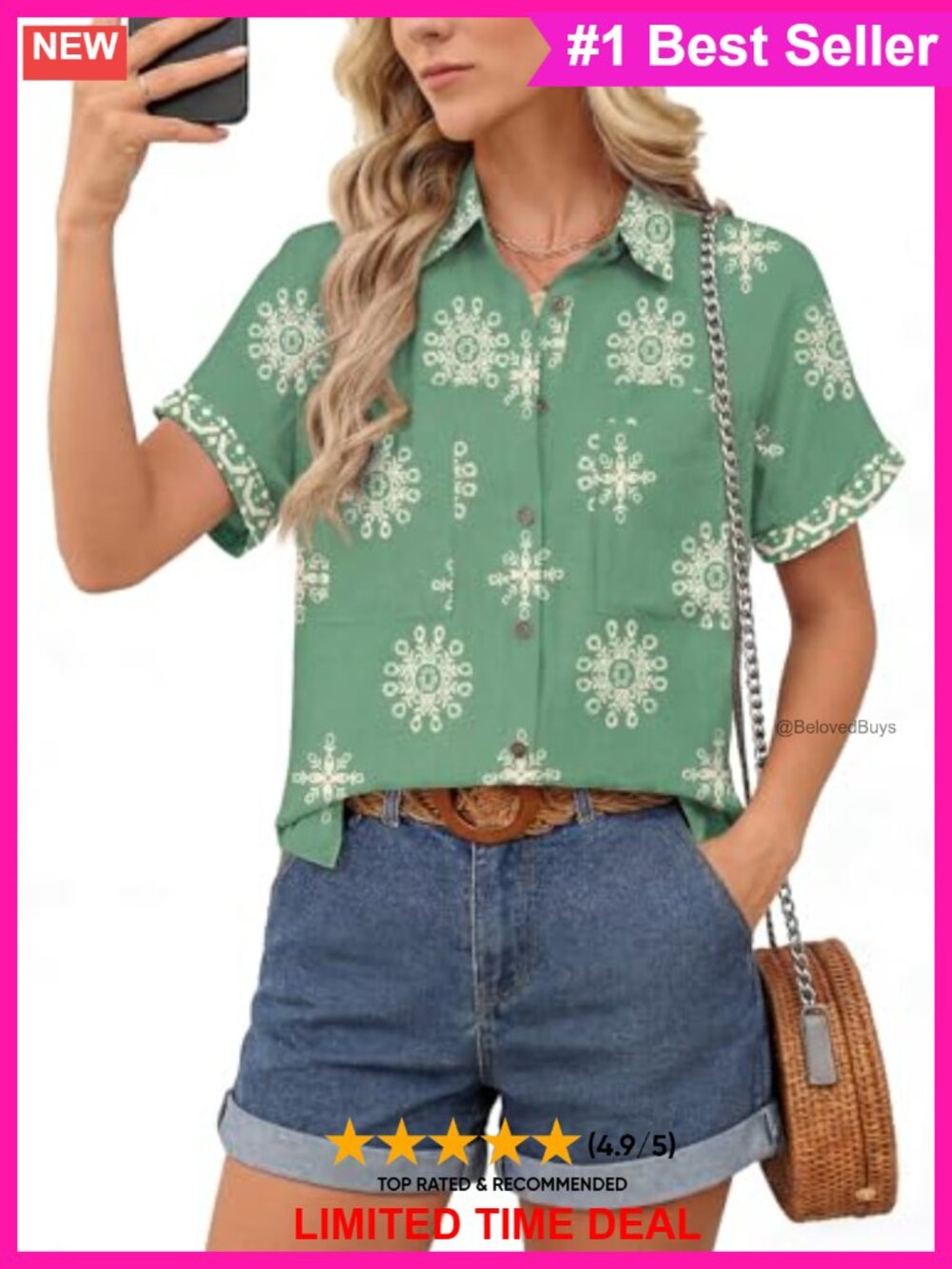 Kistore Womens Button Down Shirt Short Sleeve V-Neck Summer Blouse with Pockets